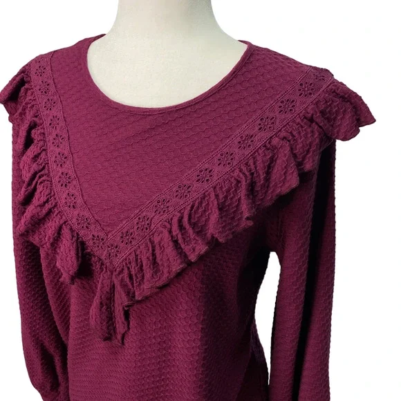 J.Crew Womens Sz Small Round Neck Ruffle Trim Honeycomb Top Long Sleeve - Picture 2 of 5